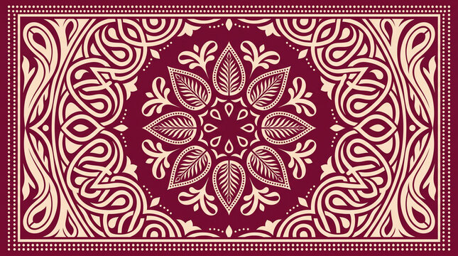 Burgundy traditional bandana background frame featuring an elegant floral mandala and classic swirl borders