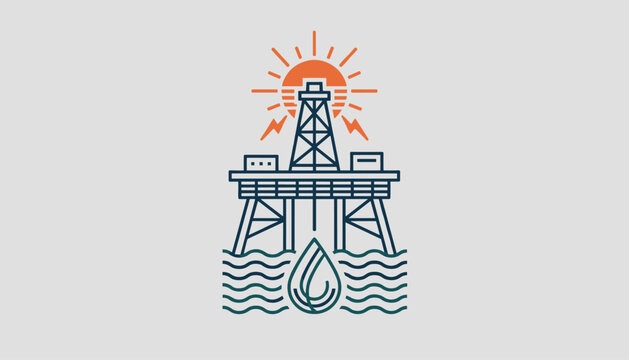 Offshore oil drilling platform graphic featuring a golden sunrise and green sea waves in clean line style.