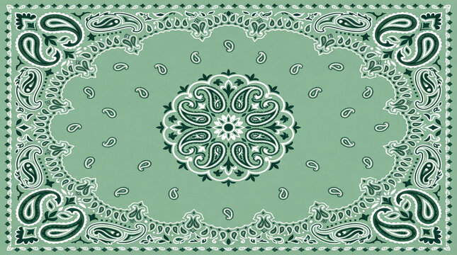 Sage green bandana seamless pattern featuring a central floral mandala and classic white paisley motifs