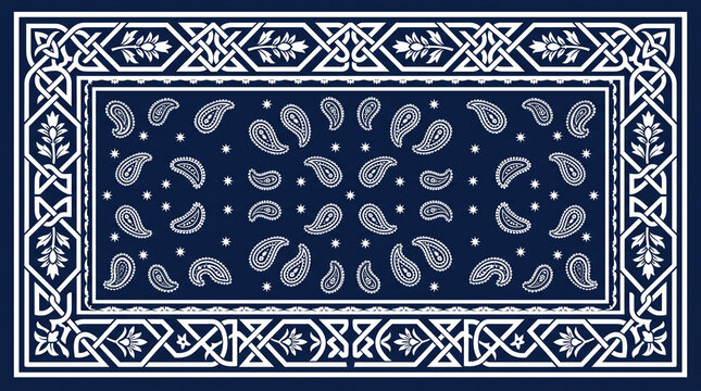 Navy blue bandana seamless pattern featuring geometric knot borders, classic paisleys, and starry elements