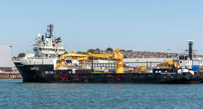 Plymouth Devon England UK. 13.08.2026.  The SD Northern River offshore tug and supply vessel operated by Serco alongside in Plymouth dockyard.