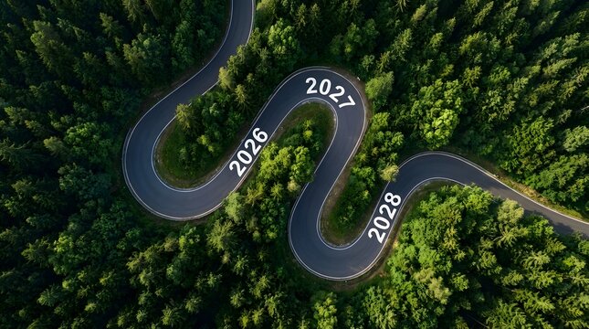 A breathtaking aerial perspective of a curving mountain road traveling through a lush dense evergreen forest under a radiant sunny sky