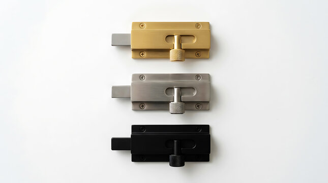 Three sliding door bolt locks, brass, silver, black finishes