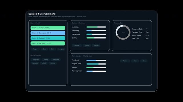 Surgical Suite Command medical dashboard HUD interface with operating room schedule, equipment readiness, team allocation, recovery status and healthcare motion graphics