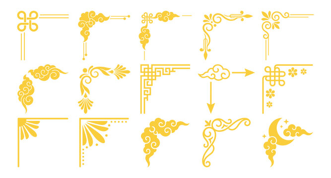 yellow ornamental chinese corners for page decoration and asian graphic design elements.