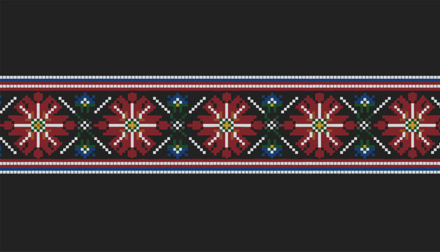 Traditional Slavic geometric embroidery pattern with red flowers and blue details over a dark background.