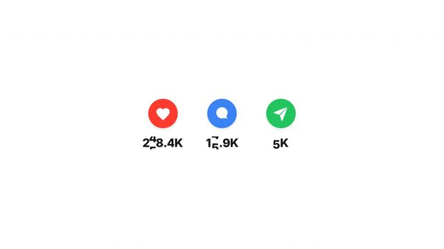 Animated social media interaction count, like comment and share icons with number counter on white background