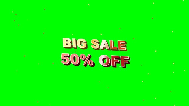 3D Big Sale 50 Percent Off Animated Text with Particles on Green Screen Chroma Key Background for Retail Promotion