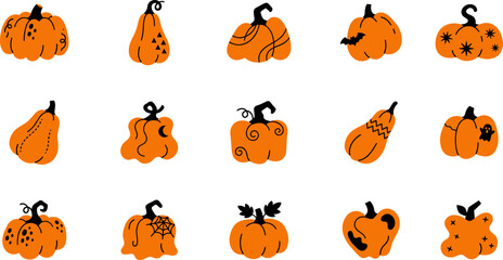 Fototapeta premium Set of various hand drawn orange pumpkins isolated on white background for autumn and halloween design elements