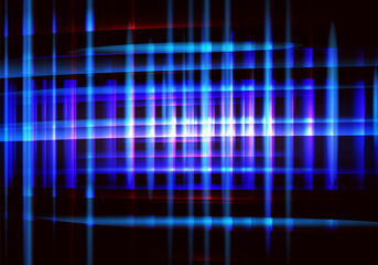 Obraz premium Blue dark navy cyan 3D abstract background with narrow vertical glass rays. Iridescent fractal prism light waves over black gradient. sleek futuristic design.