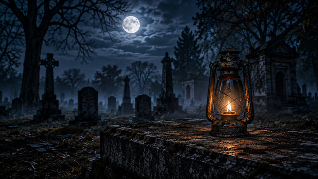 An illuminated kerosene lantern rests on a stone ledge within a historic graveyard at night
