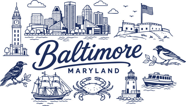 Baltimore, Maryland Travel Vector Set with Skyline, Harbor, Crab and Historic Landmarks