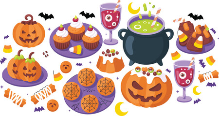 Naklejka premium Cute Halloween Food and Drink Cartoon Collection with Pumpkins, Cupcakes, Cauldron and Candy