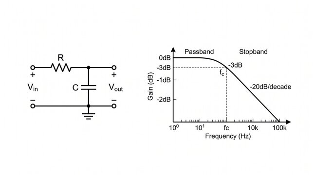 Minimalist white background with RC low‑pass filter circuit diagram and frequency response graph showing passband below cutoff and stopband beyond cutoff.