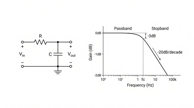 Minimalist white background with RC low‑pass filter circuit diagram and frequency response graph showing passband below cutoff and stopband beyond cutoff.