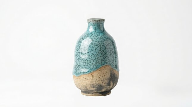 Ceramic decorative vase with turquoise and beige textured glaze isolated on white background pottery jar handmade vessel home decor ceramic art interior object craft vase ceramics container