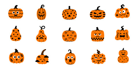 Fototapeta premium Halloween Pumpkin Seamless Pattern with Spooky Jack-o-Lantern Faces, Orange Autumn Holiday Decoration, Scary Cartoon Vector Background for October Celebration