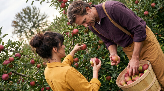Two people picking apples in an orchard for homemade cider  