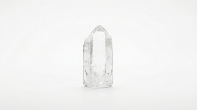 Clear quartz crystal point standing upright against a clean white background with crystal specimen healing crystal rock crystal transparent crystal quartz pillar crystal formation spiritual ston