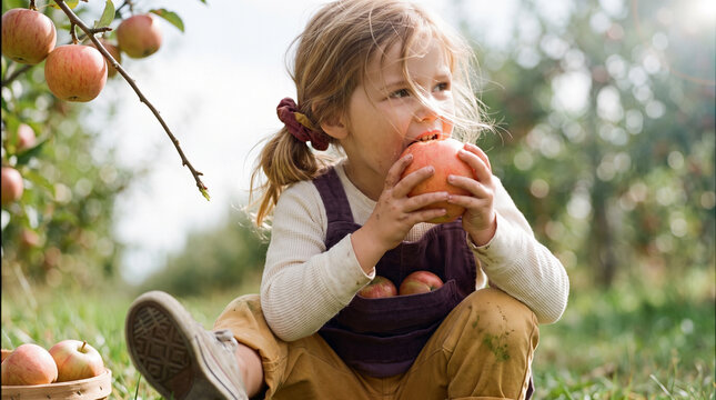 Young girl sitting in orchard and eating an apple  