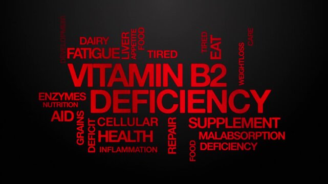 Vitamin B2 deficiency concept Animated Tag Word Cloud kinetic typography, Text Design Animation typography seamless loop video motion graphics Intro Wordart arrangement red type on black background bg