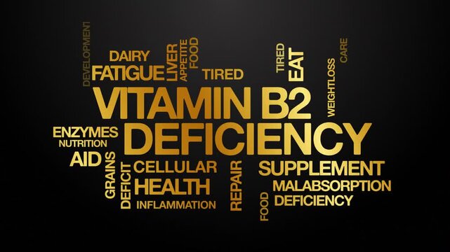 Vitamin B2 deficiency concept Animated Tag Word Cloud kinetic typography, Text Design Animation typography seamless loop video motion graphics Intro Wordart arrangement golden type on black background