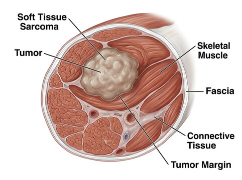 Soft tissue sarcoma tumor in muscle cross section isolated on white background