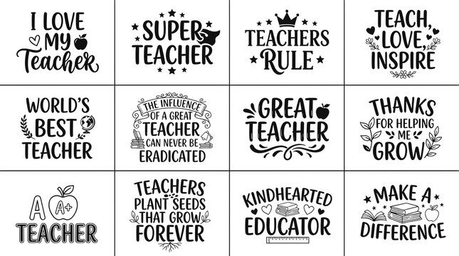 Collection of hand lettered phrases celebrating teachers and education with decorative elements