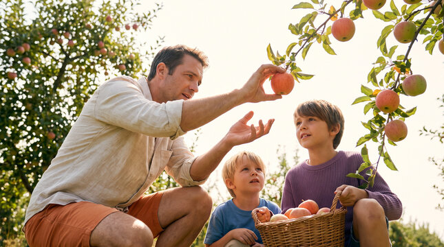 Father teaching children to pick apples in an orchard on a sunny day  