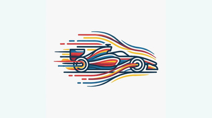 Fototapeta premium Modern Formula 1 racing car vector illustration featuring aerodynamic side profile with vibrant red, yellow, and blue motion lines depicting speed and airflow on a clean white background.