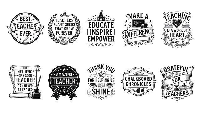 Collection of hand drawn inspirational quotes and badges for teachers and education