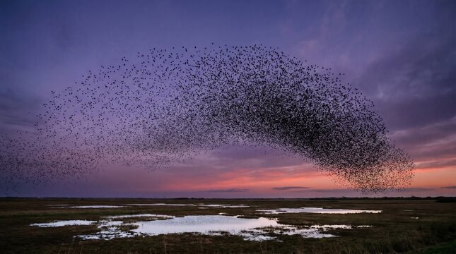 Massive flock of birds swirling over wetland at dusk