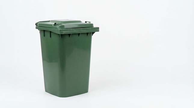 A clean and versatile image of an empty green recycling container perfectly isolated against a bright white background. The photograph is composed to allow for easy montage so other elements can be