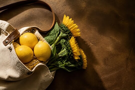Tote bag with lemons and sunflowers on warm brown backdrop