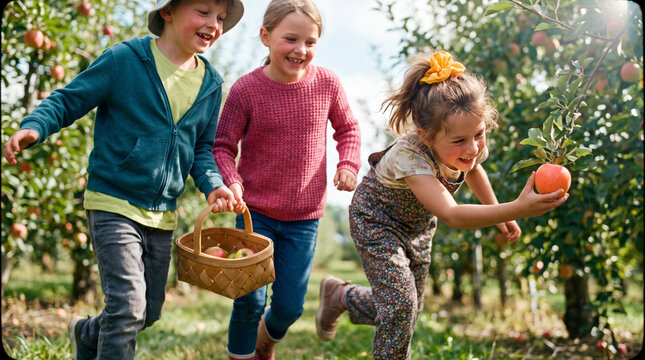Three children playing and picking apples in a sunny orchard  