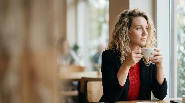 Thoughtful Aesthetic Portrait of Woman with Curly Blonde Hair Holding Coffee Cup: Stylish Female in Red Shirt and Black Blazer Reflecting by Window Gazing Outside with Contemplative Expression coffee