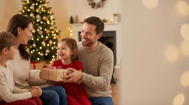 Joyful Christmas Eve Family Gift Exchange: Cheerful Parents and Children Celebrating Holiday Together at Home Little Girl Beaming with Happiness While Receiving Present from Father Warm Festive