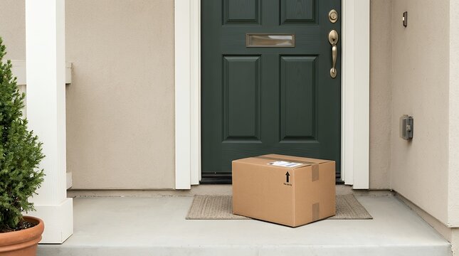 Package Delivered and Placed at Front Door: Cardboard Box Left on Doorstep Ready for Homeowner to Retrieve Convenient Online Shopping and Contactless Delivery Service Concept online shopping