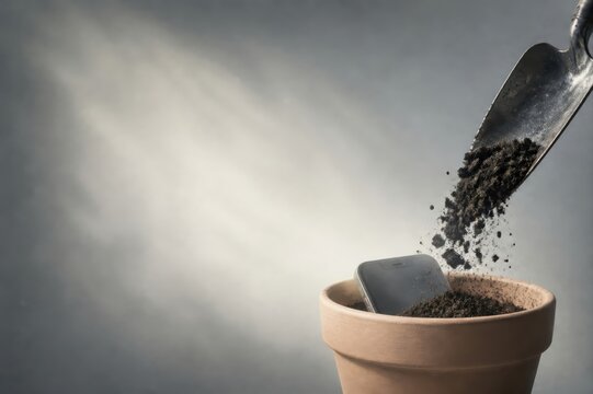 Smartphone planted in terracotta pot with soil and shovel concept