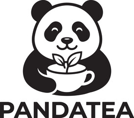 Fototapeta premium Black and white featuring a cute panda holding a teacup with leaves and the text pandatea below bear