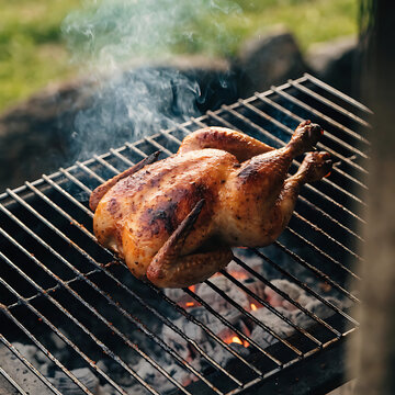 Whole roasted chicken grilling on a barbecue pit with hot coals and rising smoke in an outdoor setting