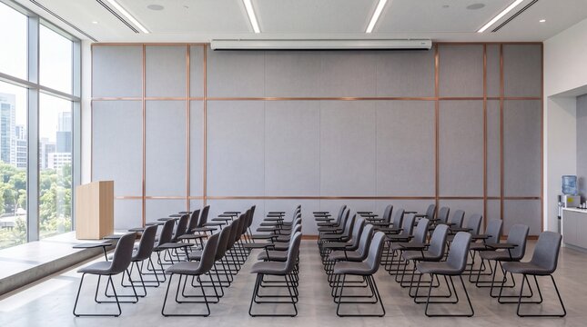 Empty Modern Conference Room with Chairs and Podium