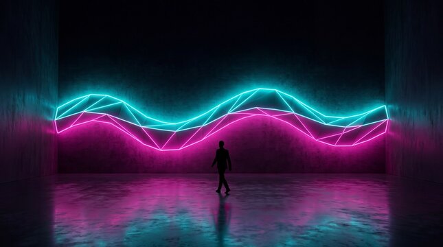 Silhouette Walking Past Glowing Neon Wave Light Installation