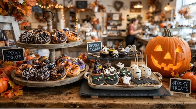 Delicious halloween treats and spooky donuts on a wooden table with a jack-o-lantern pumpkin