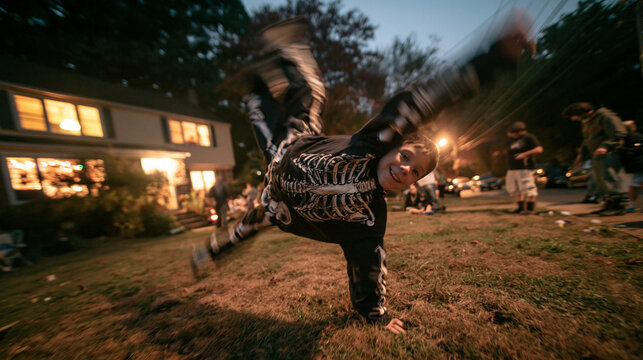 Boy in Skeleton Costume Doing Cartwheel on Halloween Night