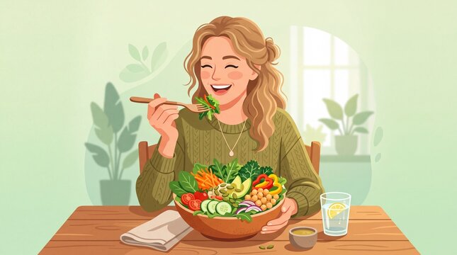 Happy Young Woman Eating Fresh Healthy Salad Bowl