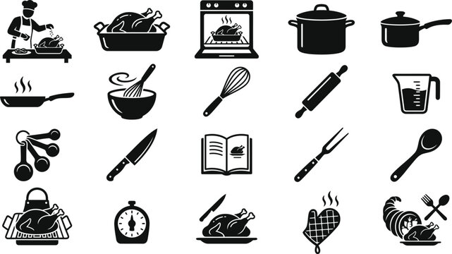  Thanksgiving Cooking Icons Set for Holiday Kitchen Design