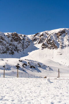 Farellones Ski Resort, Chile. Snow on the mountains, sunny day. Andes Mountains.