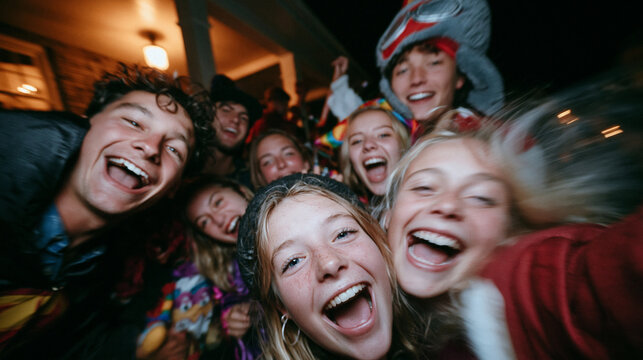 Happy Teen Friends Taking Selfie at Night Party