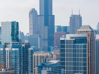 Naklejka premium Aerial shot of Skyscrapers and office buildings in the skyline in Chicago Illinois USA